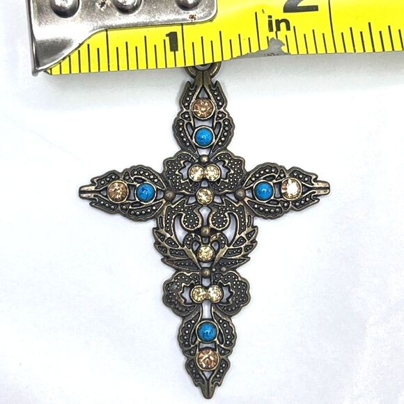 Bronze copper tone Ornate Cross Pendant with Blue turquoise Gold crystal Accents - Picture 6 of 8